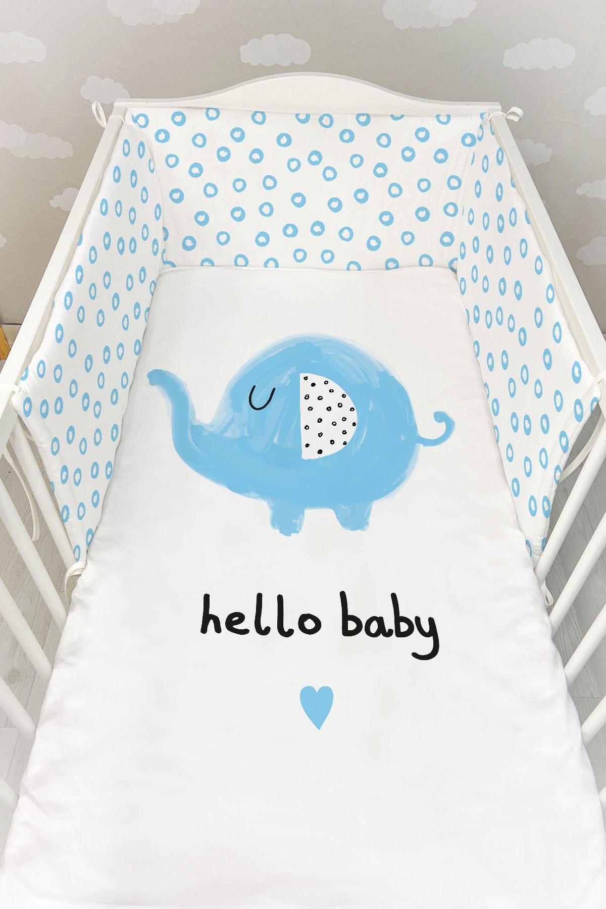 Bebek Başucu Koruyucu ve Baskılı Çarşaflı Uyku Seti - Pure Baby Serisi - Mavi Uyuyan Fil