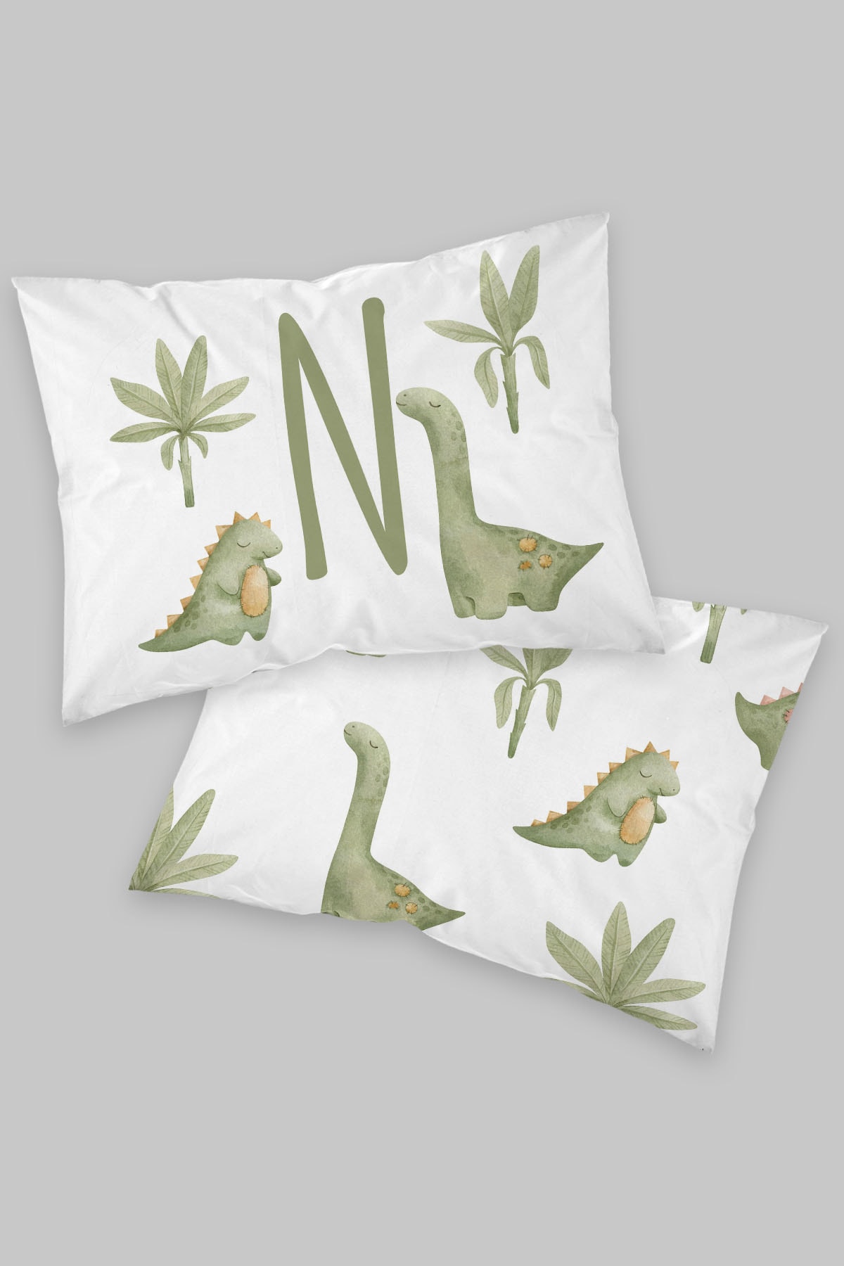 2'li Yastık Kılıfı - Yeşil Dinazorlu - Harf Serisi - N Harfi