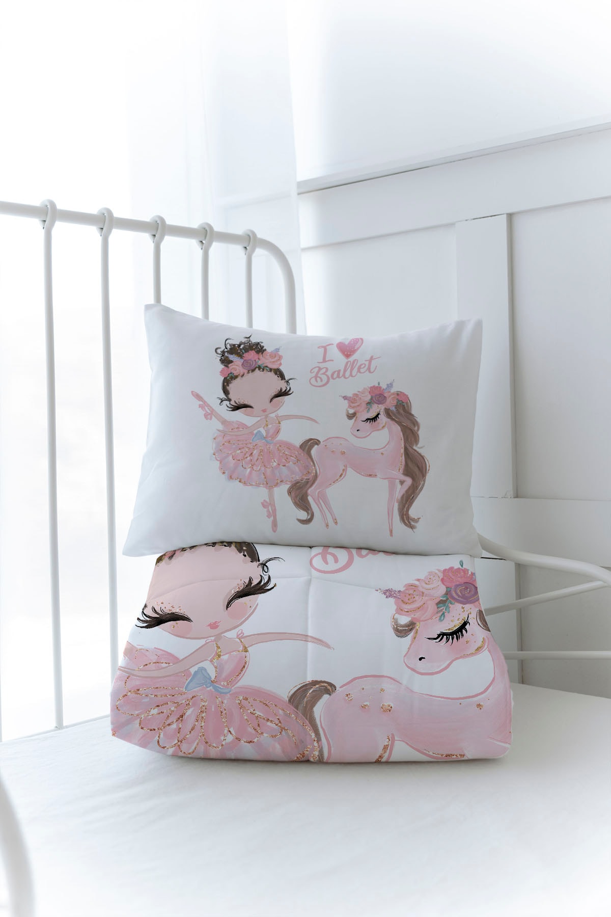 Organik Baskılı Yorgan Seti - For Baby Serisi - Pembe Tütülü Balerin Ve Unicorn