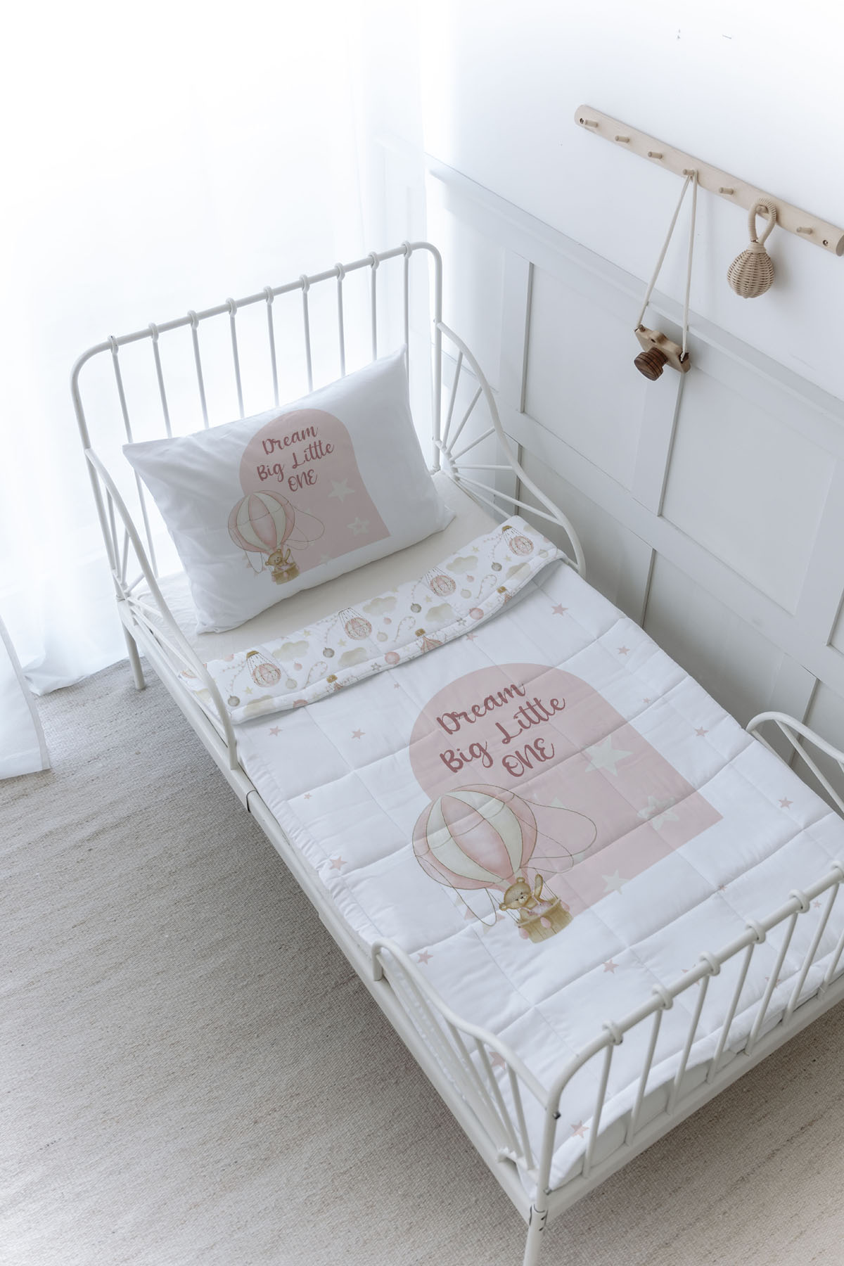 Organik Baskılı Yorgan Seti - For Baby Serisi - Pembe Balonda Ayı