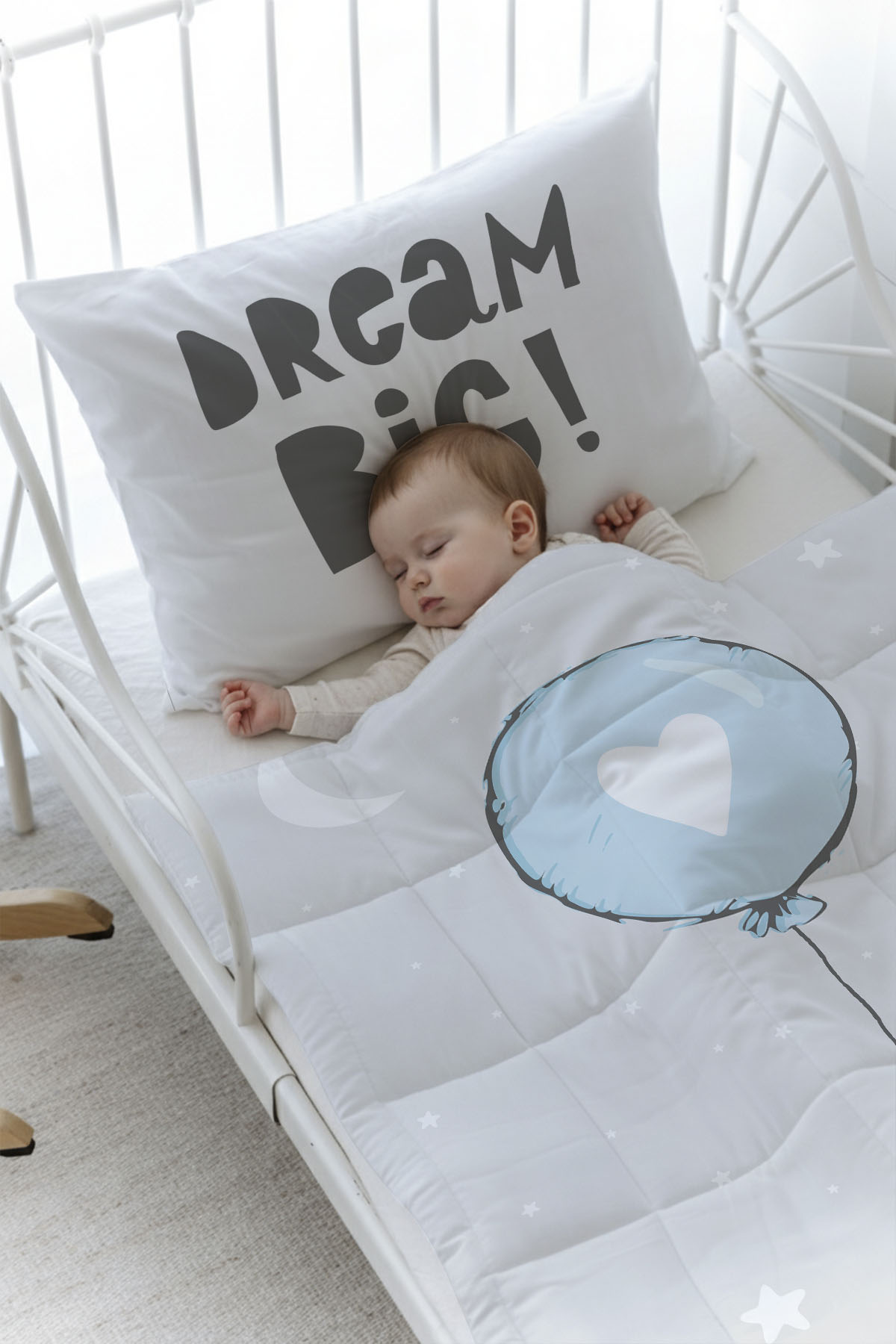 Organik Baskılı Yorgan Seti - Pure Baby Serisi - Mavi Kalpli Balon
