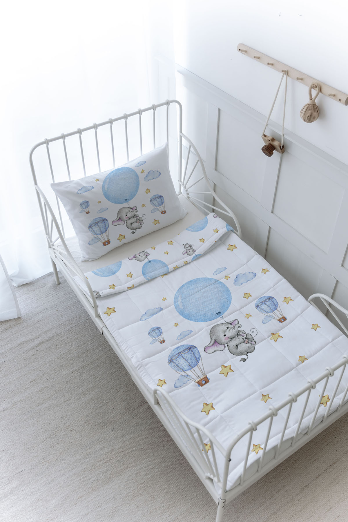 Organik Baskılı Yorgan Seti - For Baby Serisi - Mavi Büyük Balonlu Fil