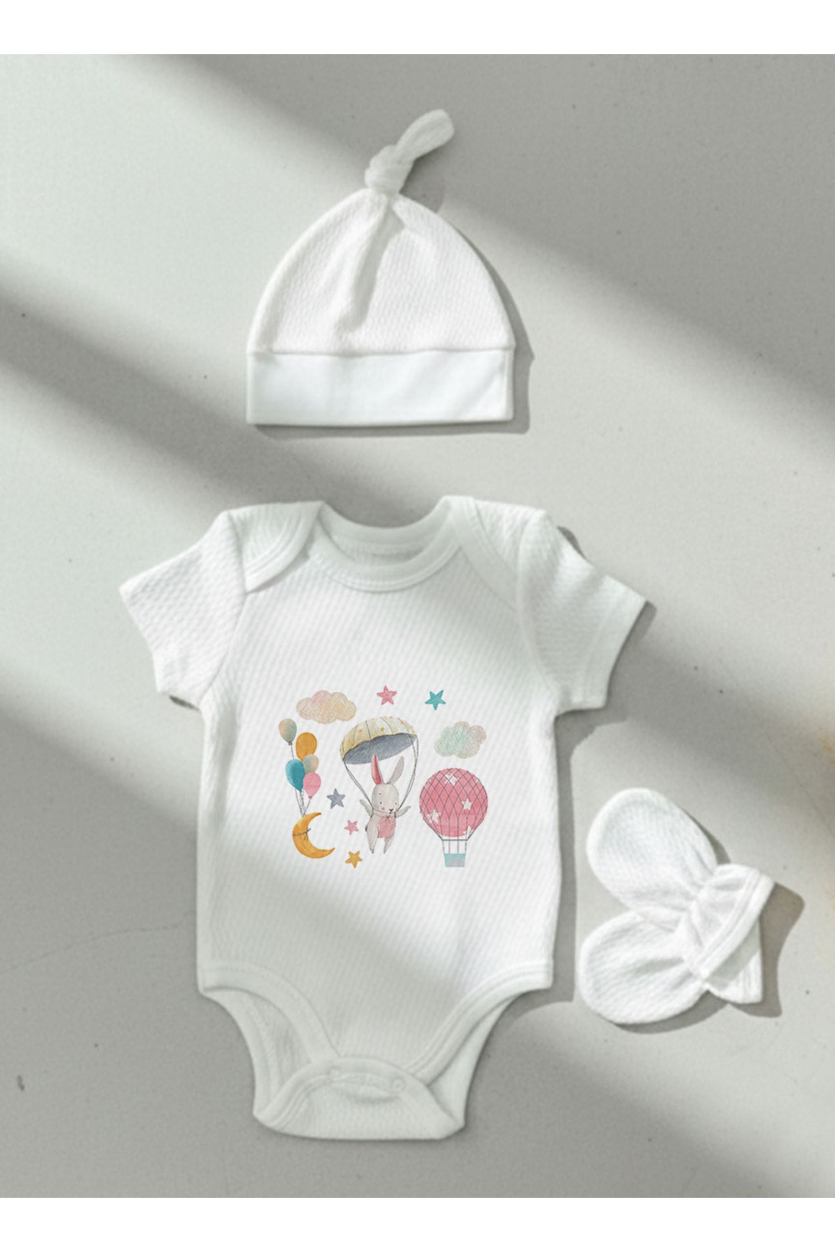 Jakarlı Body Şapka Eldiven - For Baby - Paraşütlü Tavşan