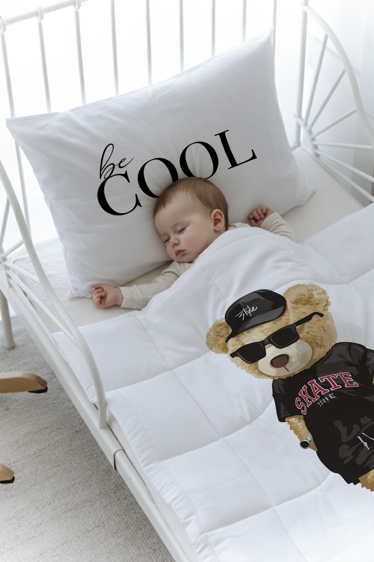 Organik Baskılı Yorgan Seti - Pure Baby Serisi - Kaykaylı Ayıcık