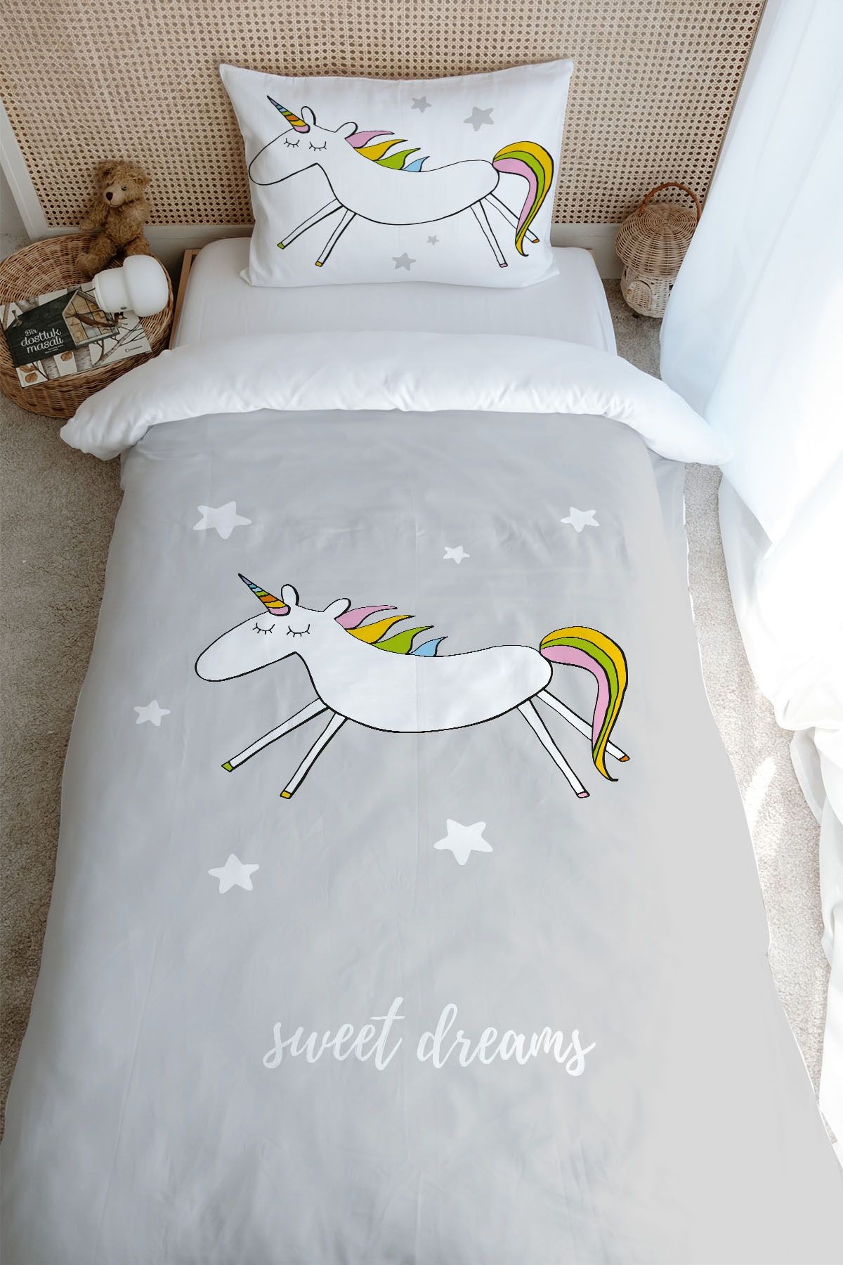 Tek Kişilik Nevresim Takımı (160x220) - Pure Baby Serisi - Doodle Unicorn