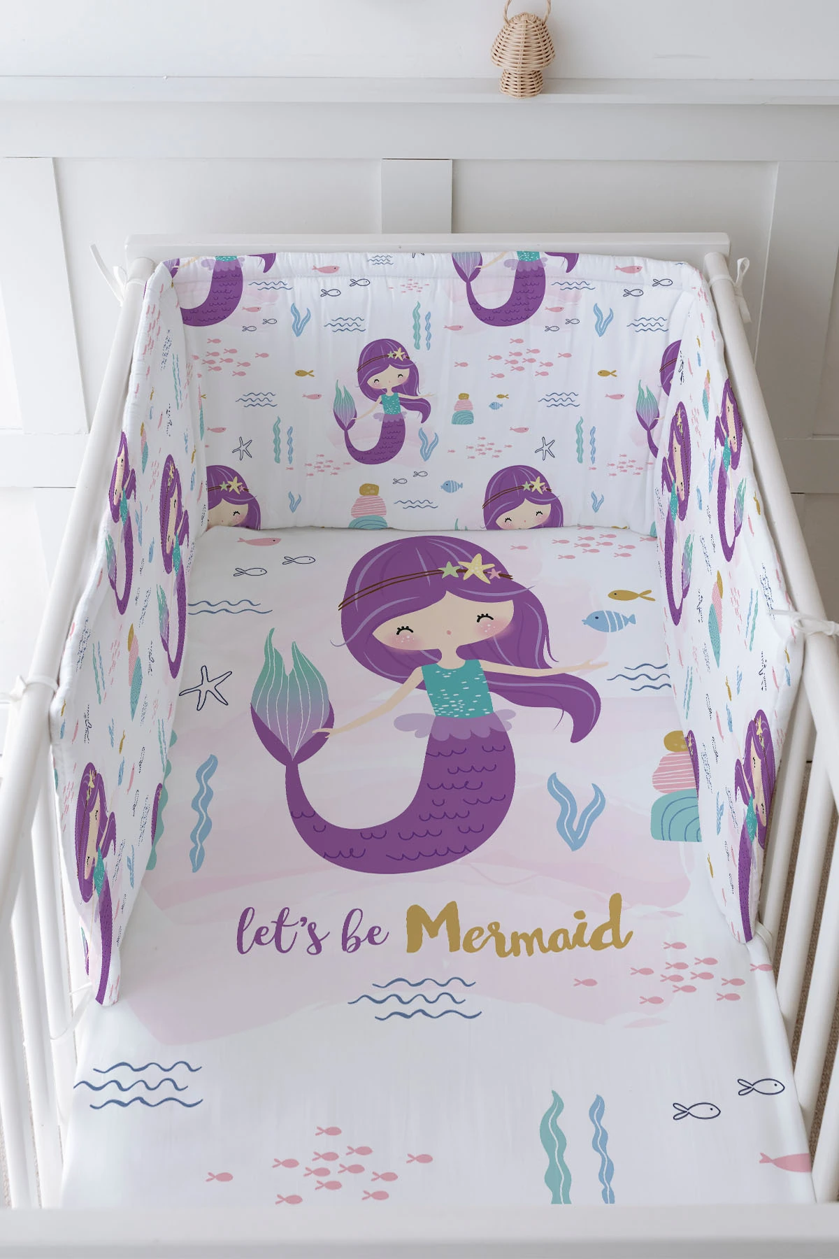 Bebek Başucu Koruyucu ve Baskılı Çarşaflı Uyku Seti - For Baby Serisi - Mor Deniz Kızı