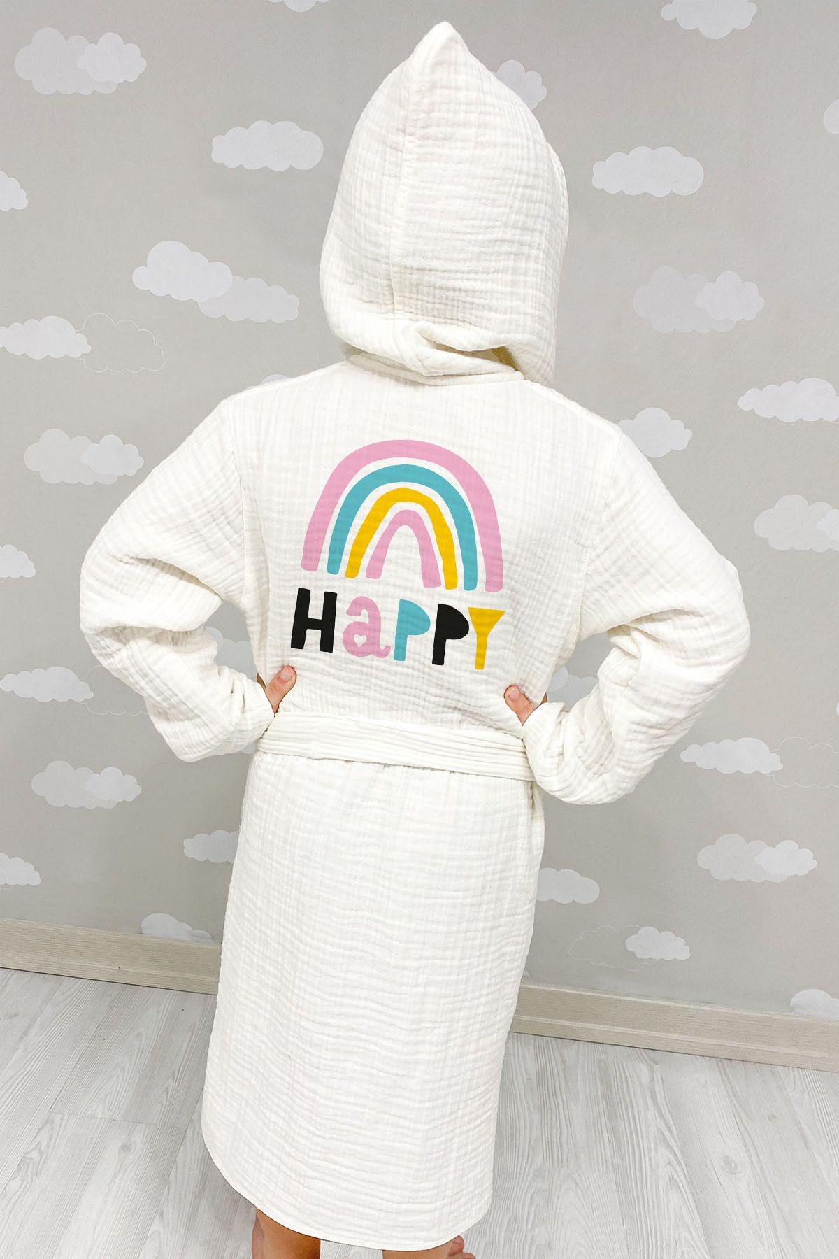4 Kat Müslin Bornoz - Pure Baby Serisi - Happy Gökkuşağı