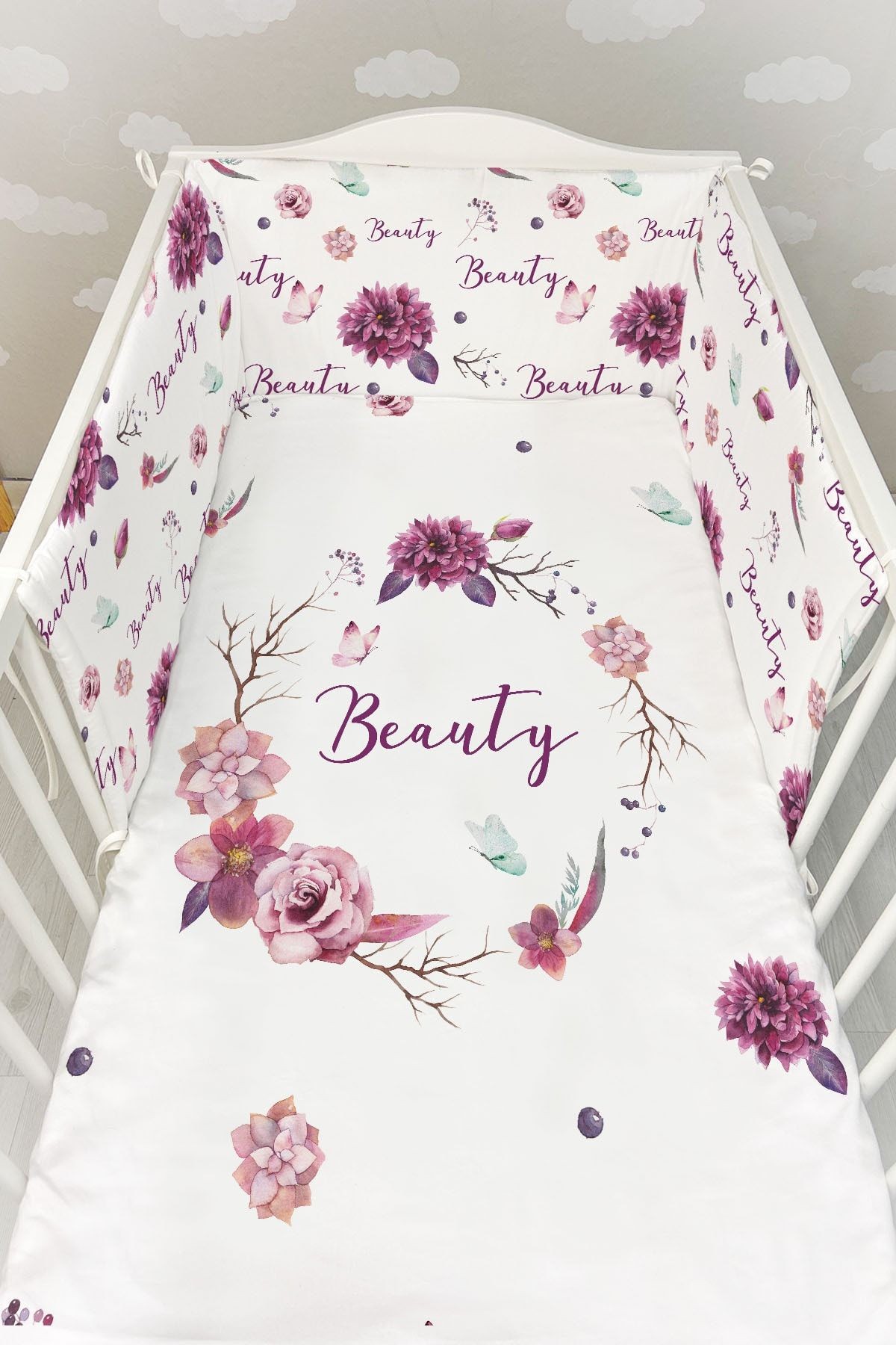 Bebek Başucu Koruyucu ve Baskılı Çarşaflı Uyku Seti - For Baby Serisi - Pembe Çiçekli Çember