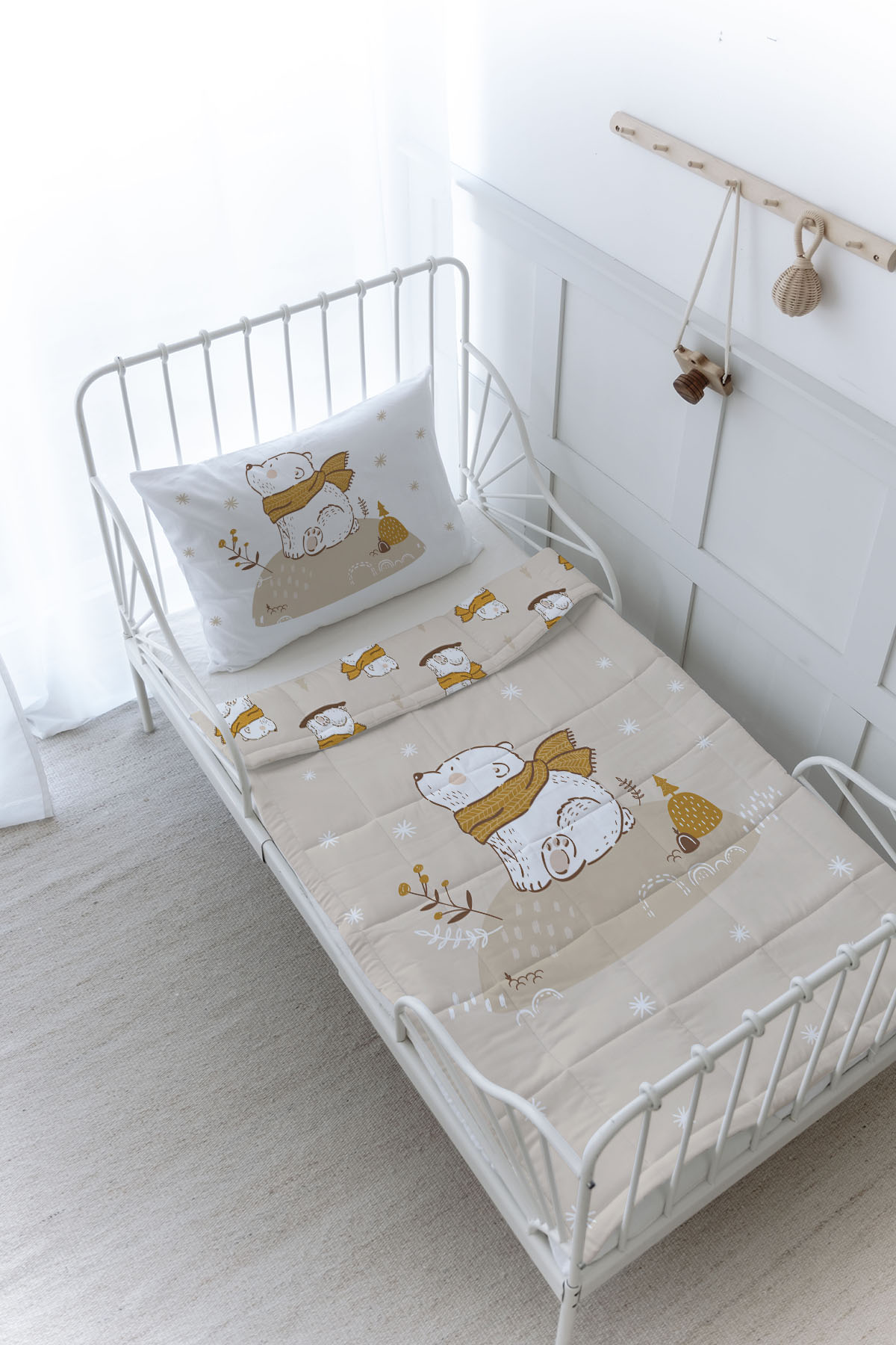 Organik Baskılı Yorgan Seti - For Baby Serisi - Kahverengi Atkılı Ayı