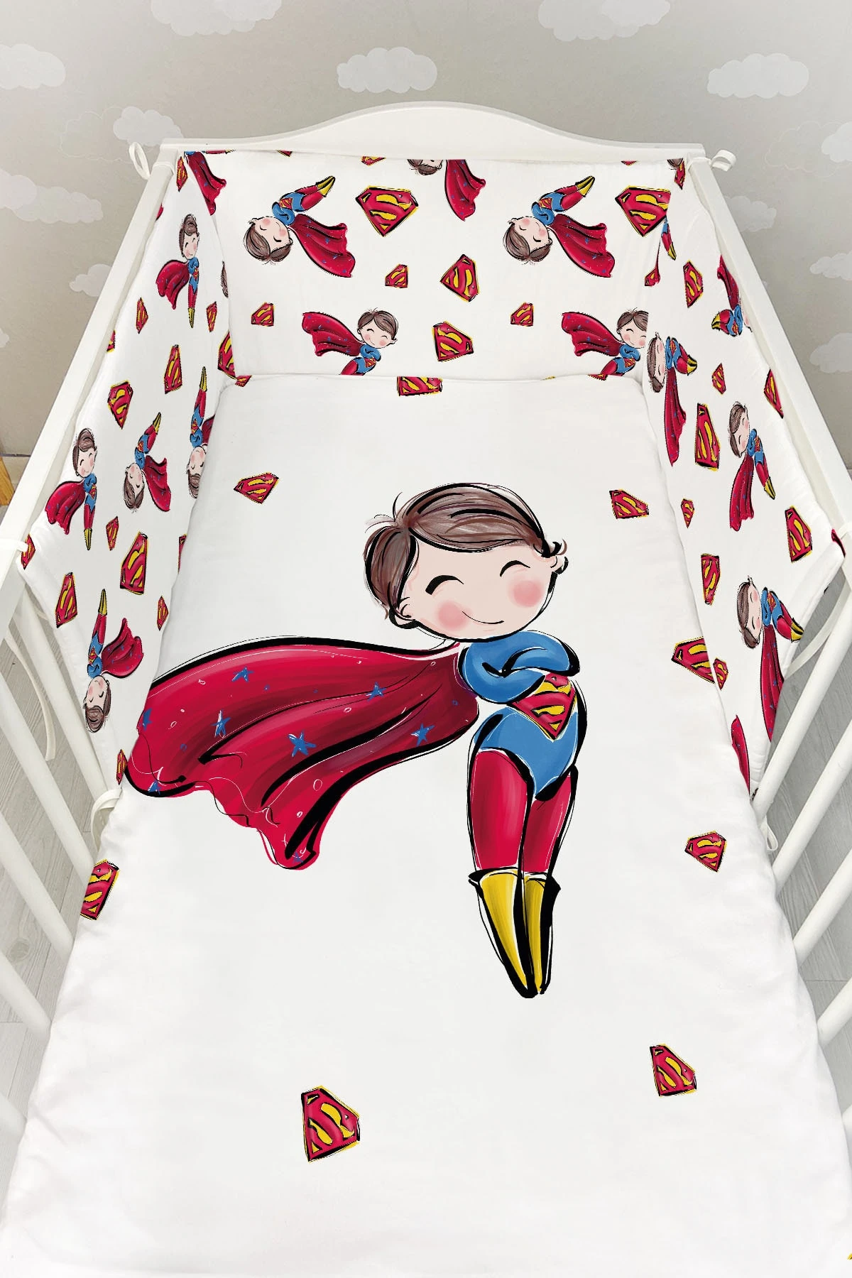 Bebek Başucu Koruyucu Ve Baskılı Çarşaflı Uyku Seti - For Baby Serisi - Superman