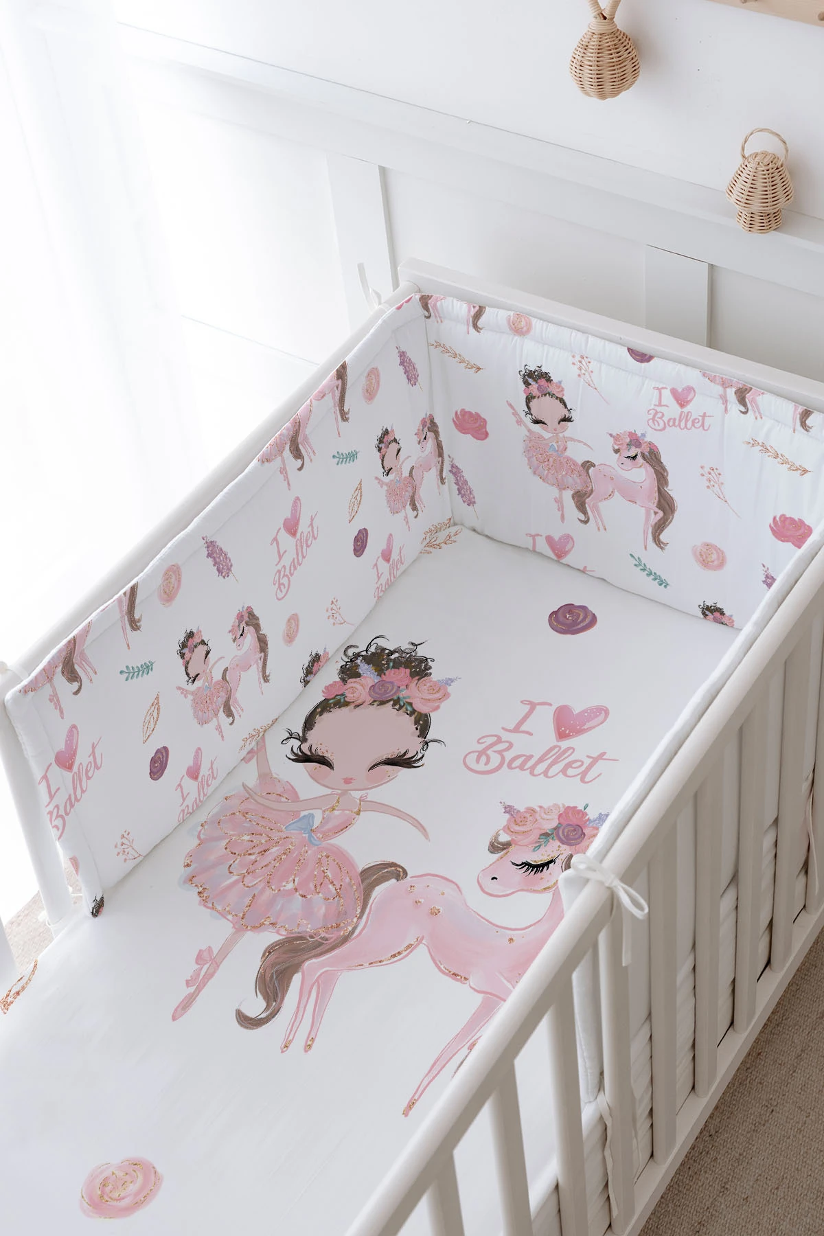 Bebek Başucu Koruyucu Ve Baskılı Çarşaflı Uyku Seti - For Baby Serisi - Balerin Ve Unicorn