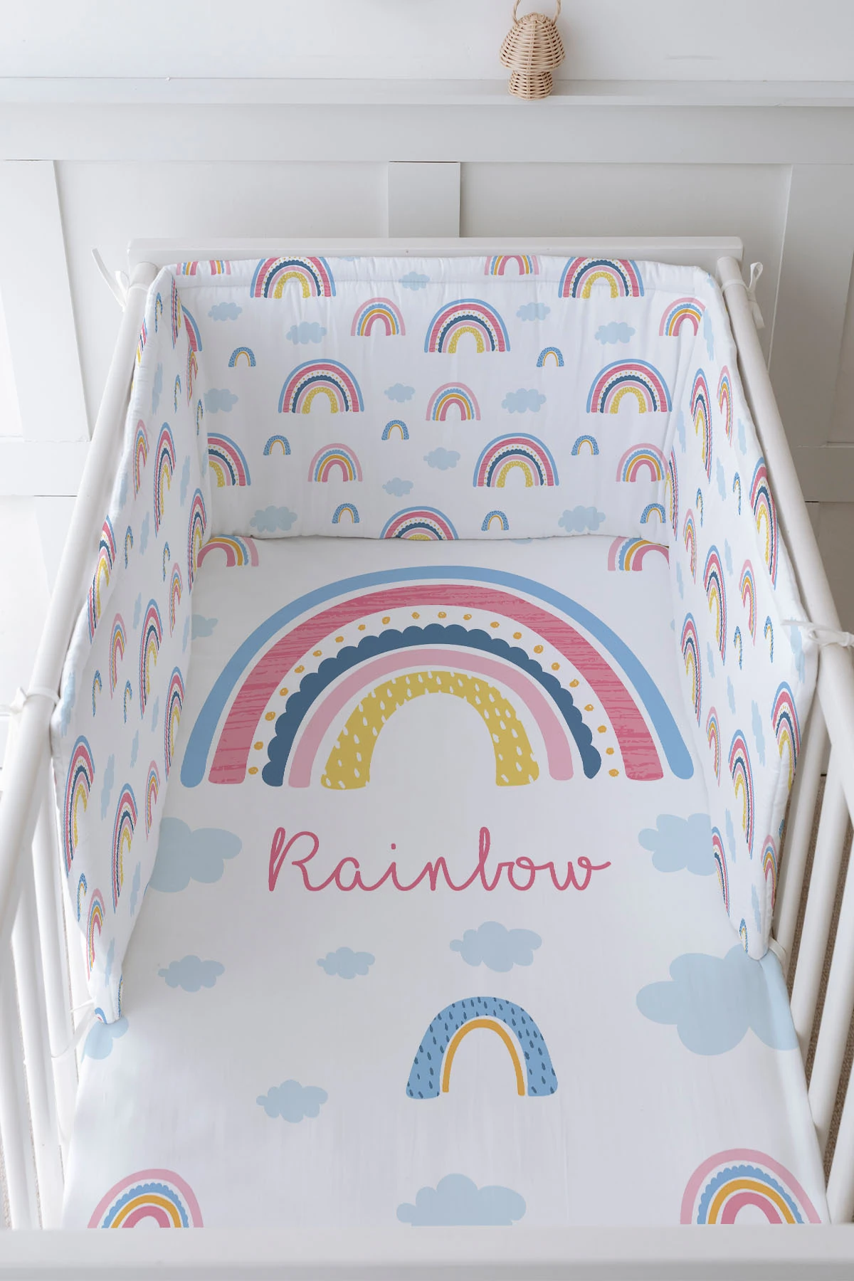 Bebek Başucu Koruyucu ve Baskılı Çarşaflı Uyku Seti - For Baby Serisi - Pembe Gökkuşağı