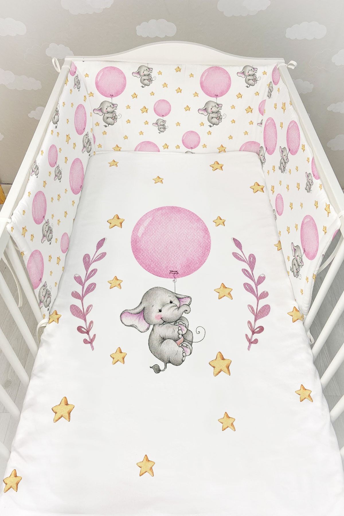 Bebek Başucu Koruyucu ve Baskılı Çarşaflı Uyku Seti - For Baby Serisi - Pembe Büyük Balonlu Fil