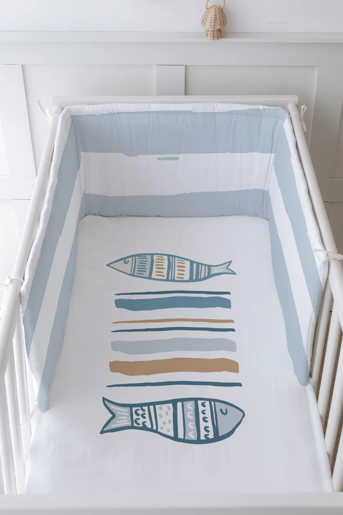 Bebek Başucu Koruyucu Ve Baskılı Çarşaflı Uyku Seti - Pure Baby Serisi - Balıklar