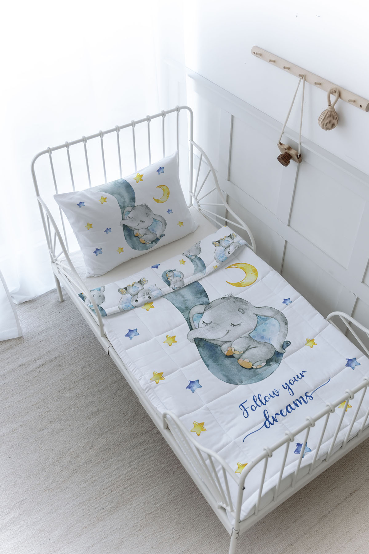 Organik Baskılı Yorgan Seti - For Baby Serisi - Hortumda Uyuyan Mavi Fil