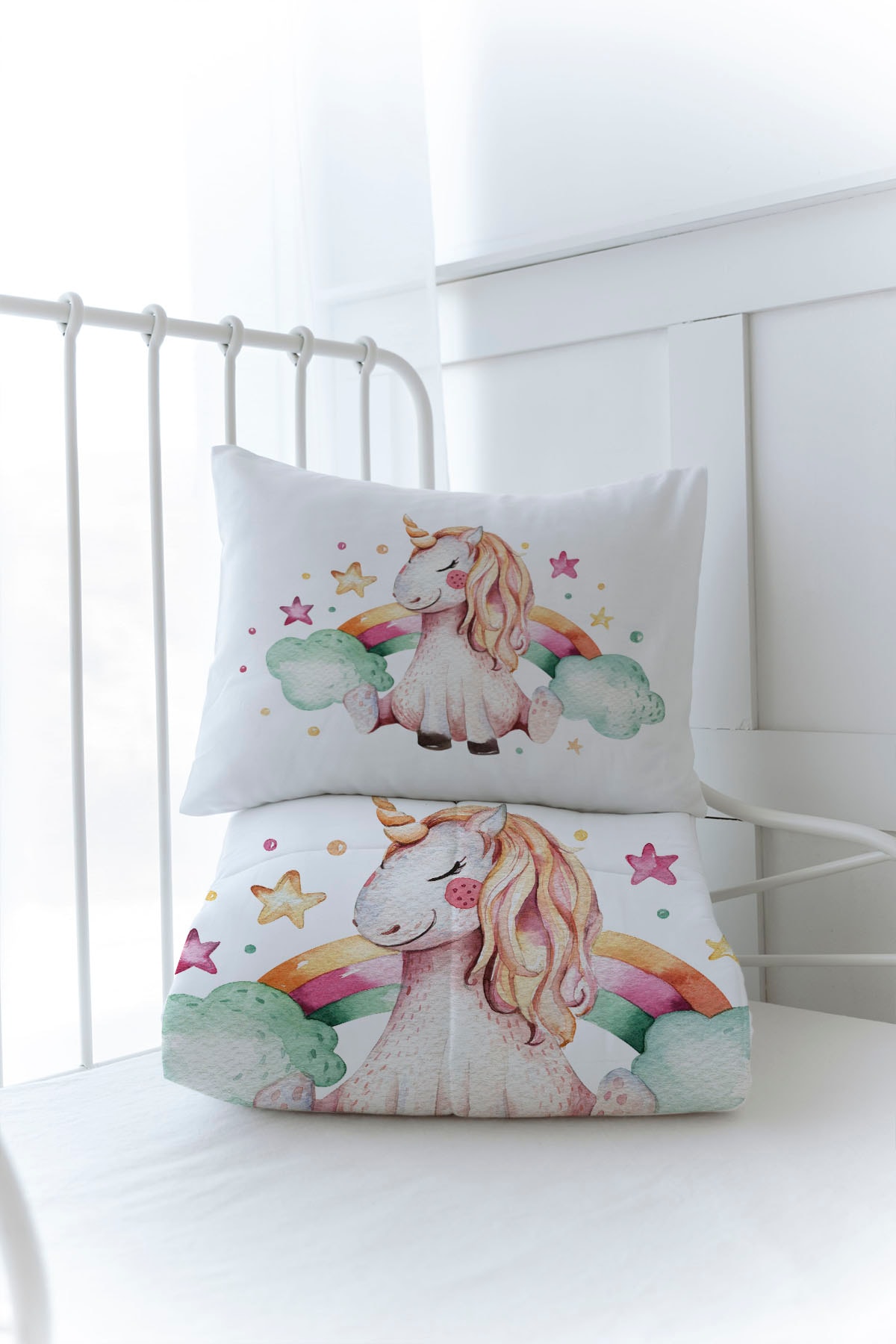 Organik Baskılı Yorgan Seti - For Baby Serisi - Gökkuşaklı Unicorn