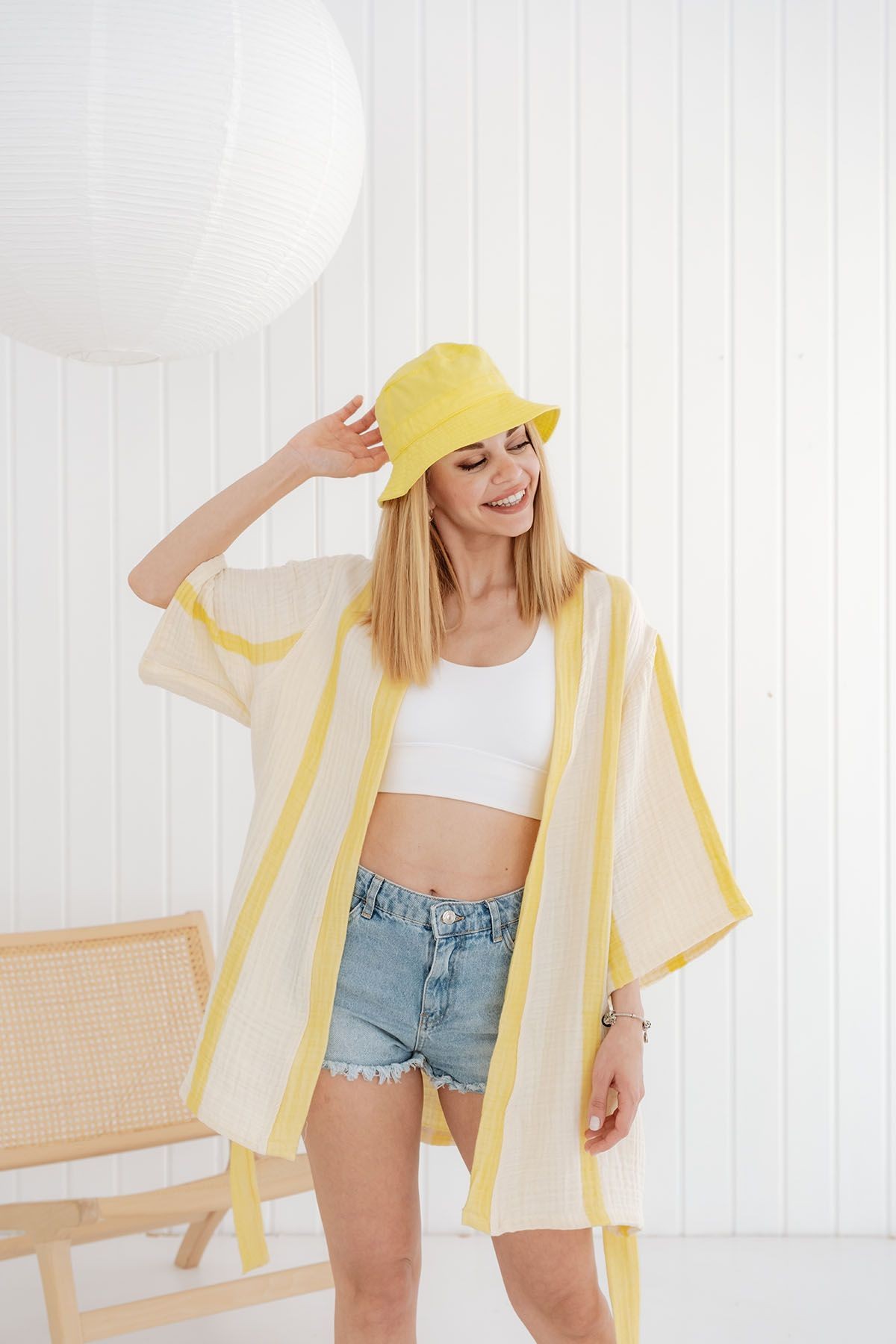 4 Kat Müslin Kimono - Sarı