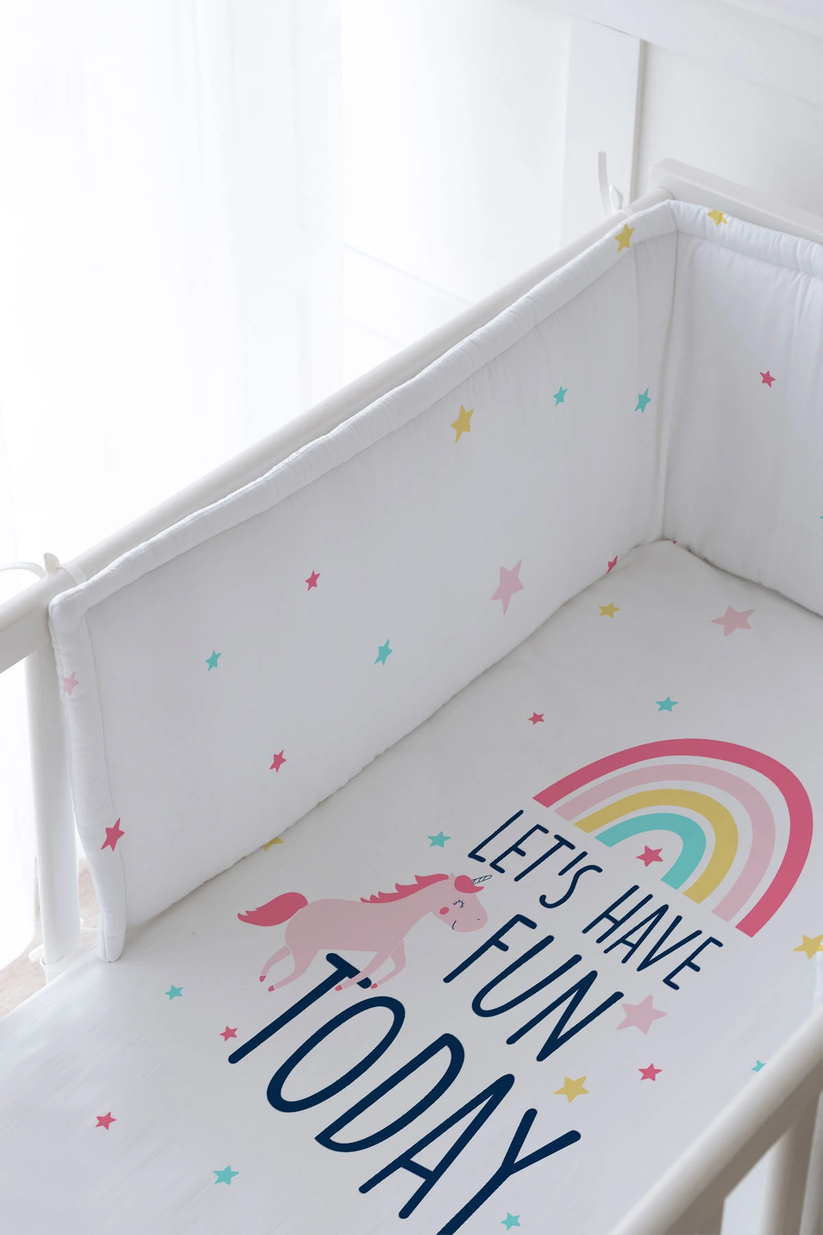 Bebek Başucu Koruyucu ve Baskılı Çarşaflı Uyku Seti - Pure Baby Serisi - Unicorn Fun