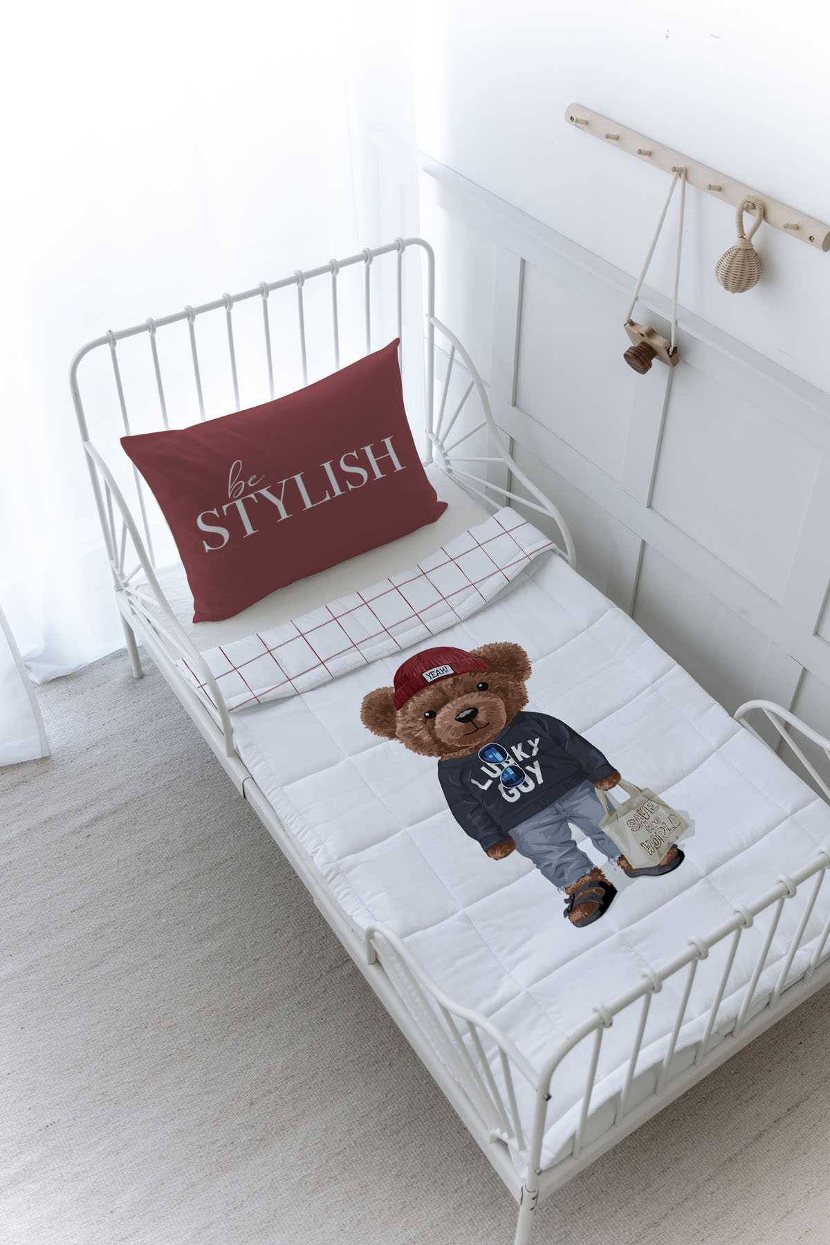 Organik Baskılı Yorgan Seti - Pure Baby Serisi - Sportmen Ayıcık