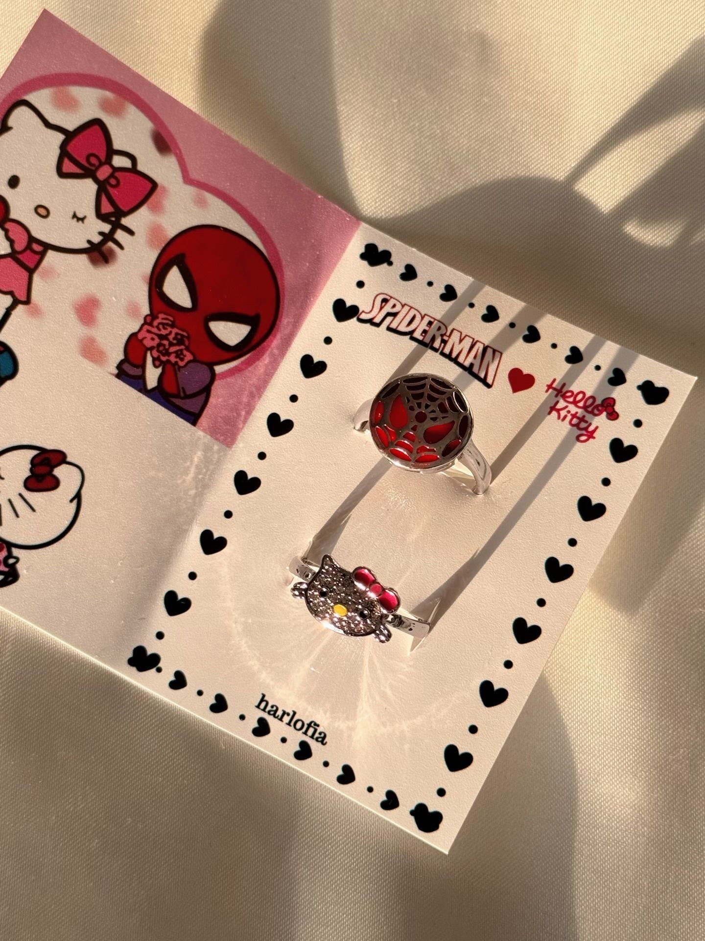 Taşlı Hello Kitty & Spiderman Yüzük Seti