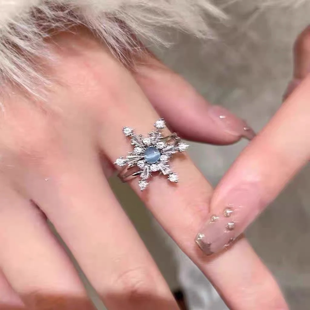 Mavi Taşlı Ayarlanabilir Kar Tanesi Yüzük
