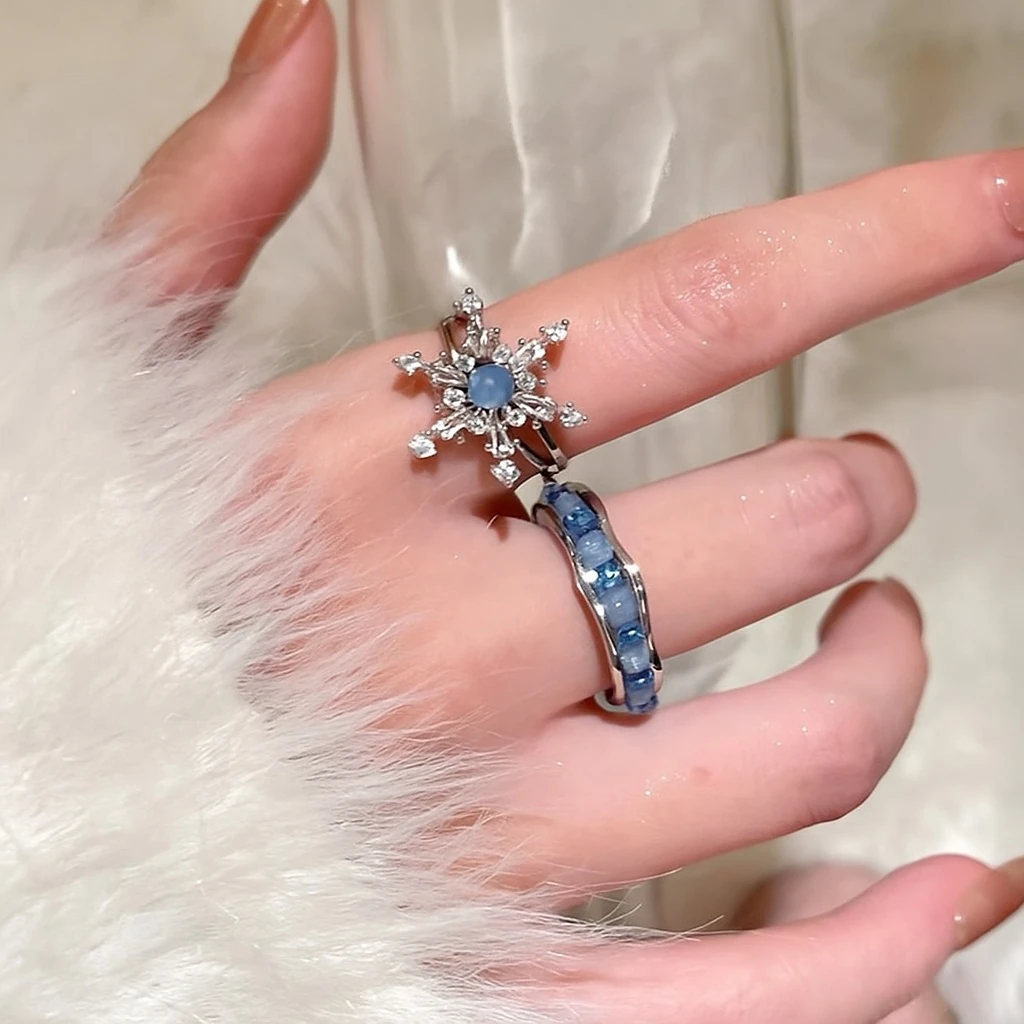 Mavi Taşlı Ayarlanabilir Kar Tanesi Yüzük