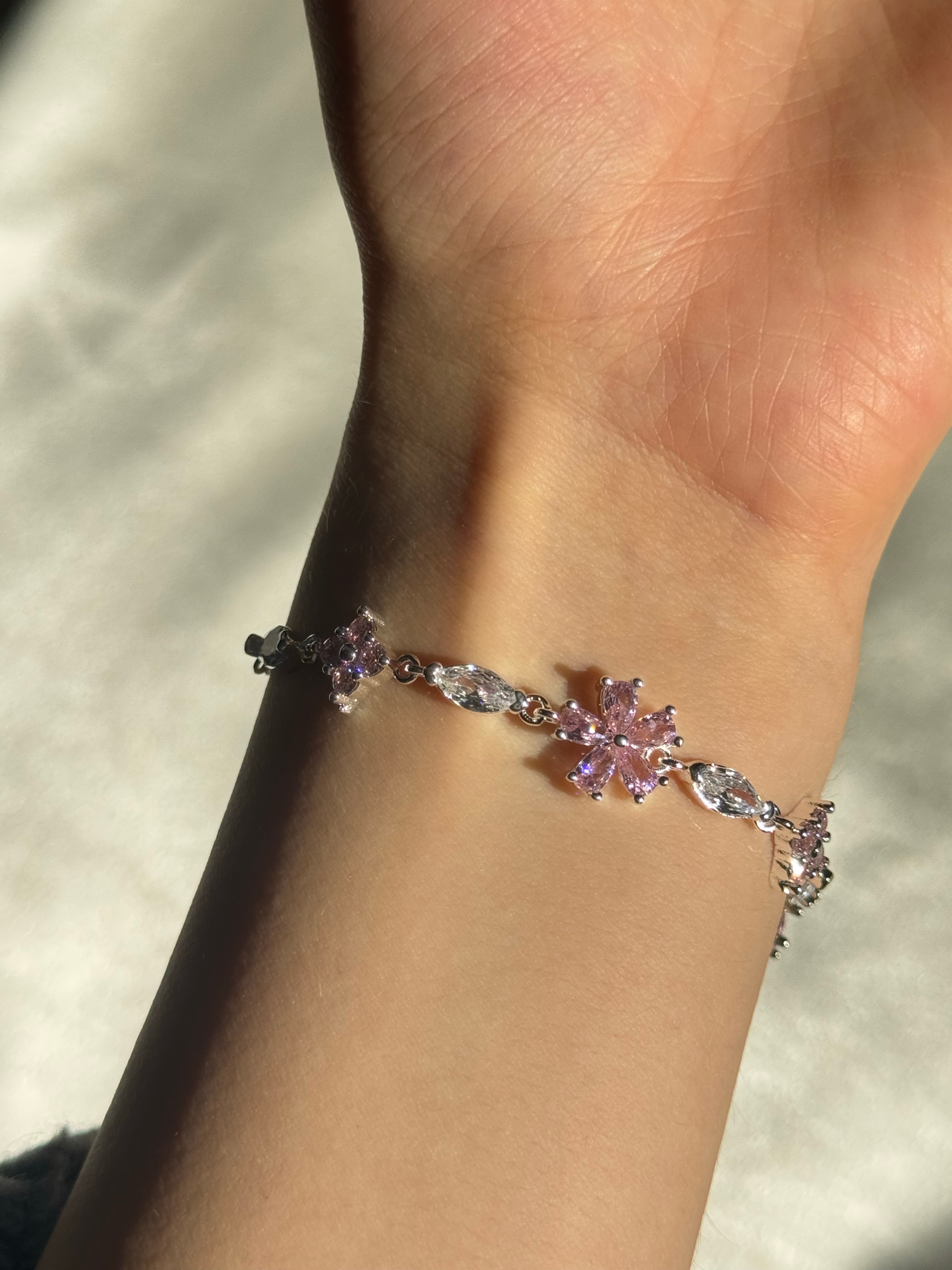 Gümüş Kaplama Pink Sakura Bileklik