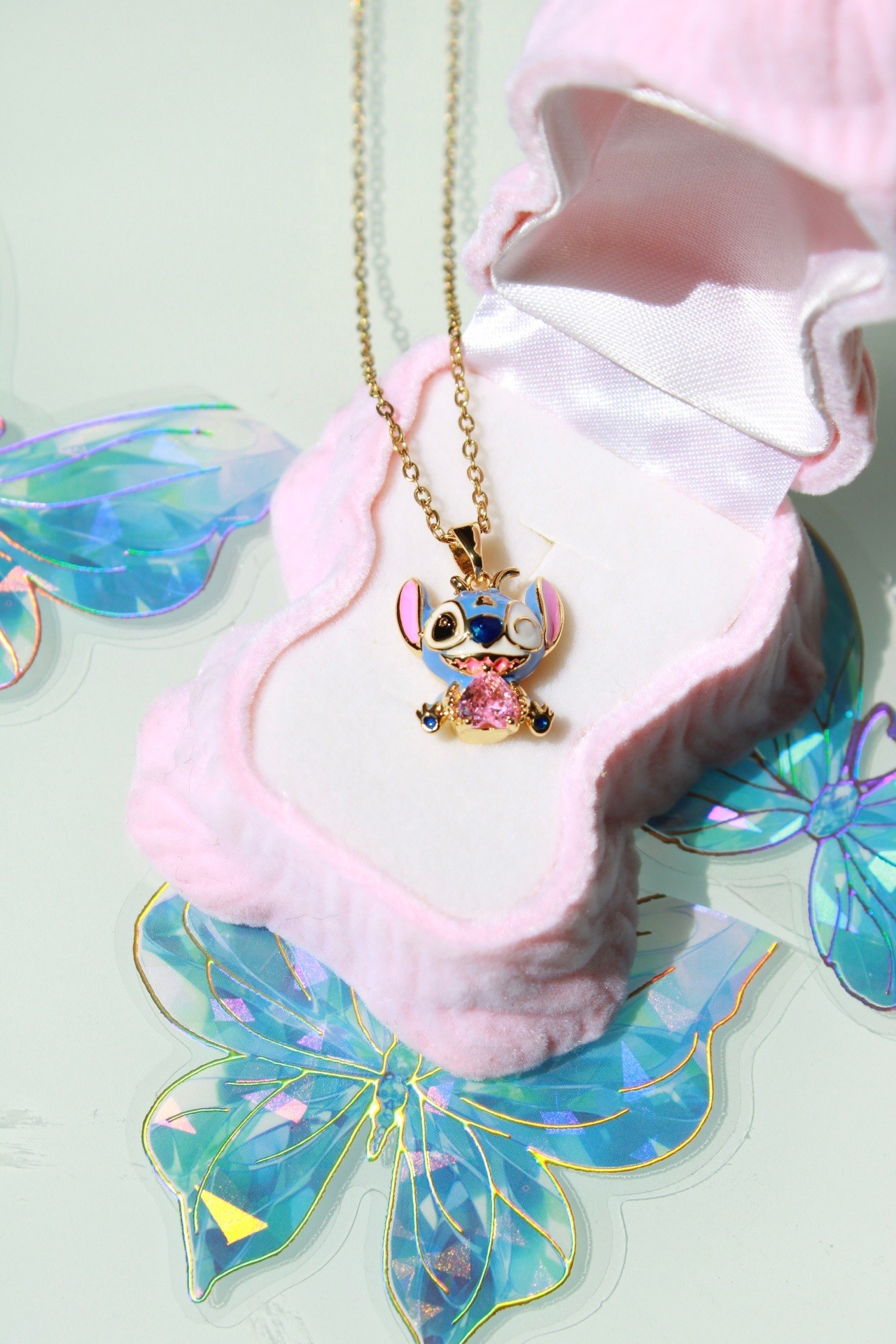 Çelik Pembe Kalpli Blue Stitch Kolye