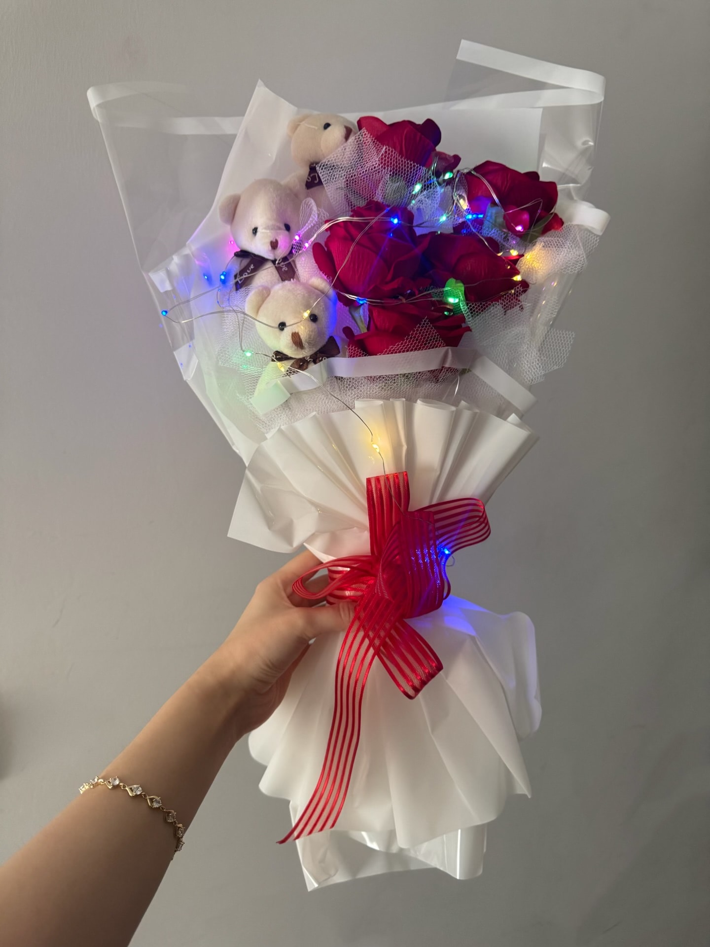 Led Işıklı Yapay Güllü Ayıcık Buketi