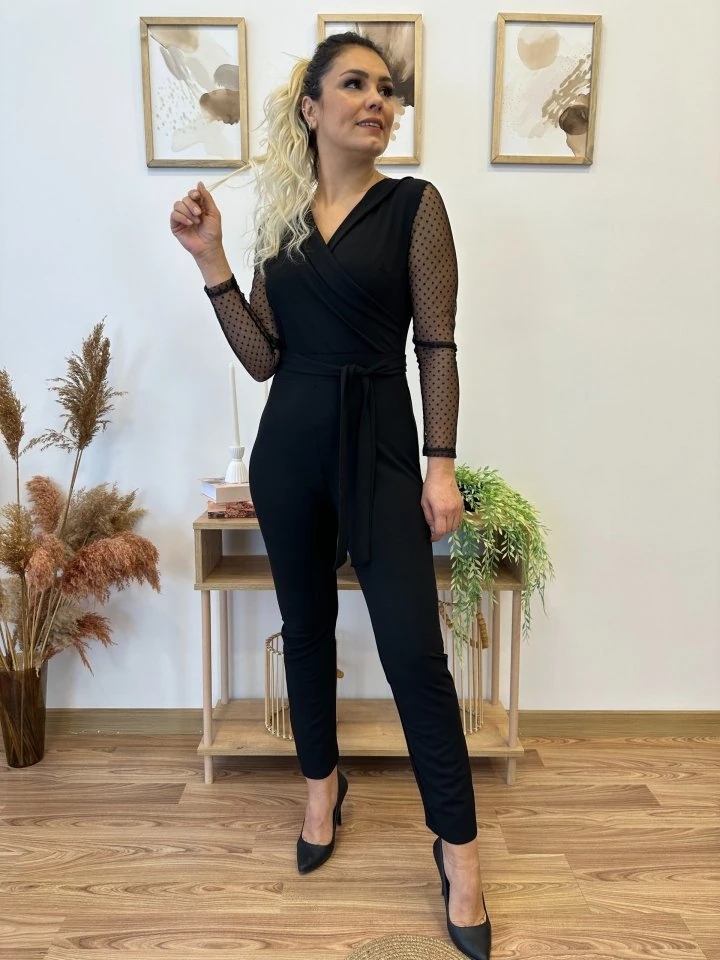 Krep Kumaş Kol Tül Puan Detaylı Kuşaklı Tulum 141 Cm