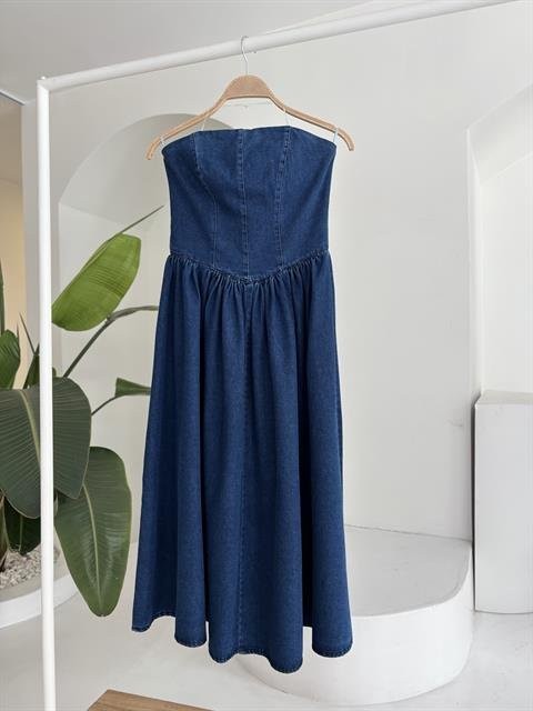 Beli Pileli Straplez Denim Elbise 2886