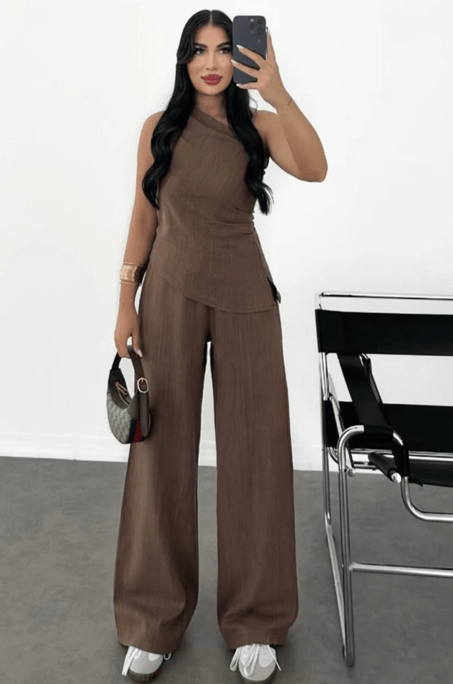 Keten Asimetrik Tek Omuzlu Bluz Pantalon Takım- Kahverengi