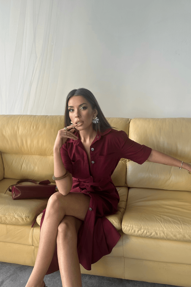 TENCEL ÖNDEN DÜĞMELİ KISA KOL ELBİSE - Bordo