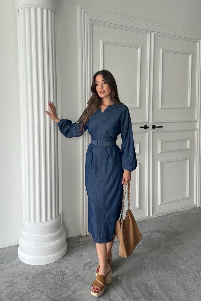 Mavi Tencel Uzun Kollu Elbise