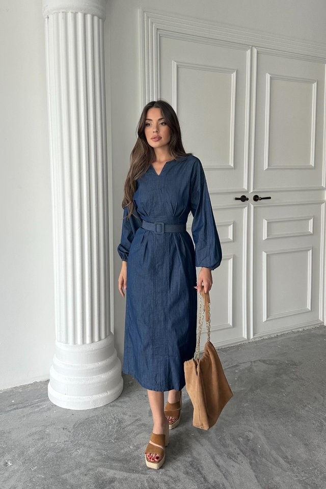Mavi Tencel Uzun Kollu Elbise