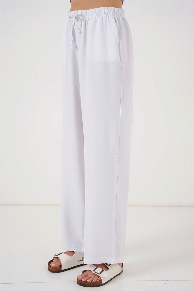 Geniş Paça Keten Pantolon 6735 - Beyaz