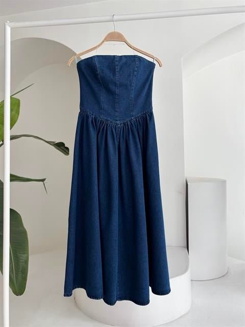 Beli Pileli Straplez Denim Elbise 2886