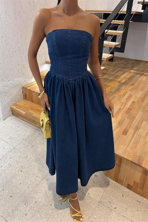 Beli Pileli Straplez Denim Elbise 2886