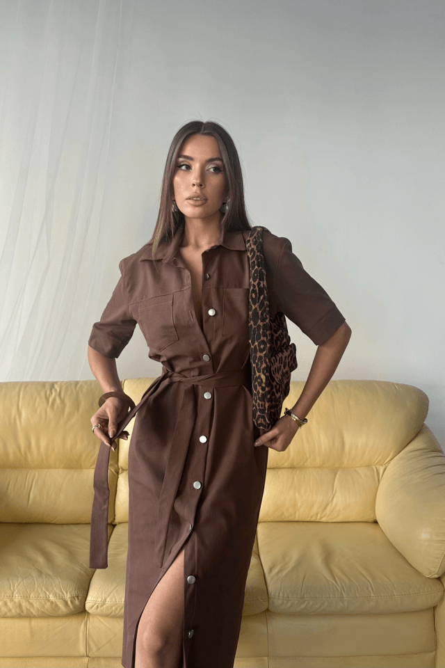TENCEL ÖNDEN DÜĞMELİ KISA KOL ELBİSE - Kahverengi