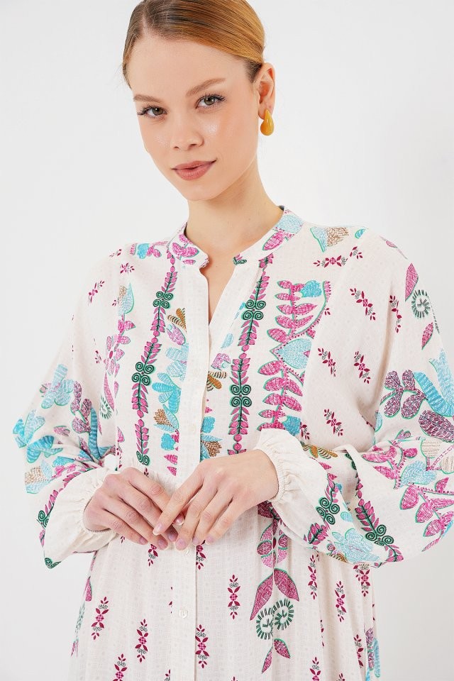 2423 Otantik Desenli Tesettür Elbise - B.Pembe
