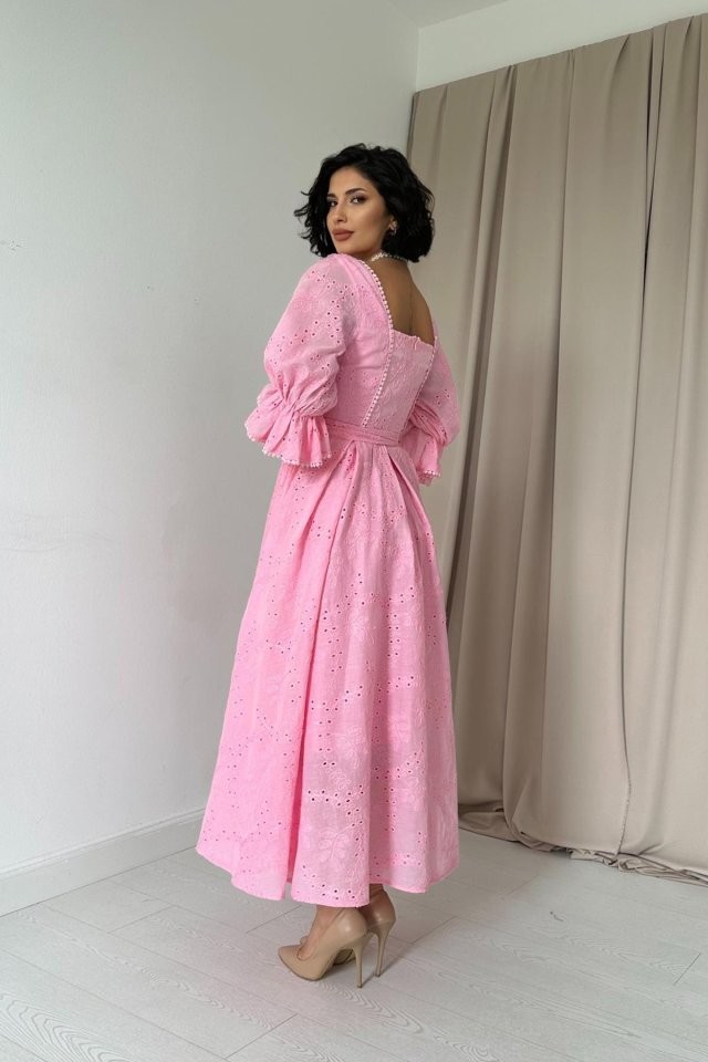 Pembe Kolu Lastikli Brode Elbise