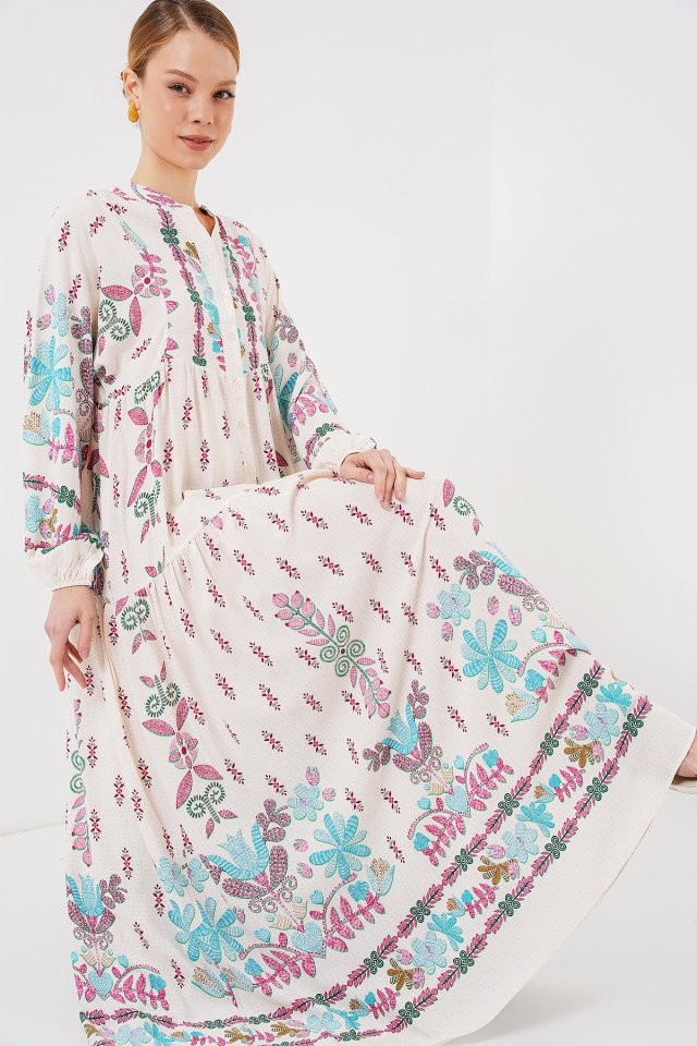 2423 Otantik Desenli Tesettür Elbise - B.Pembe