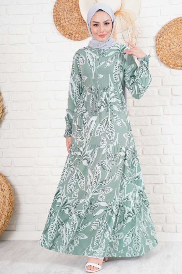 2145 Desenli Tesettür Elbise - Haki