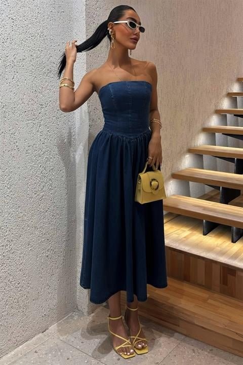 Beli Pileli Straplez Denim Elbise 2886