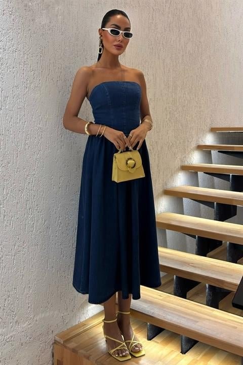 Beli Pileli Straplez Denim Elbise 2886