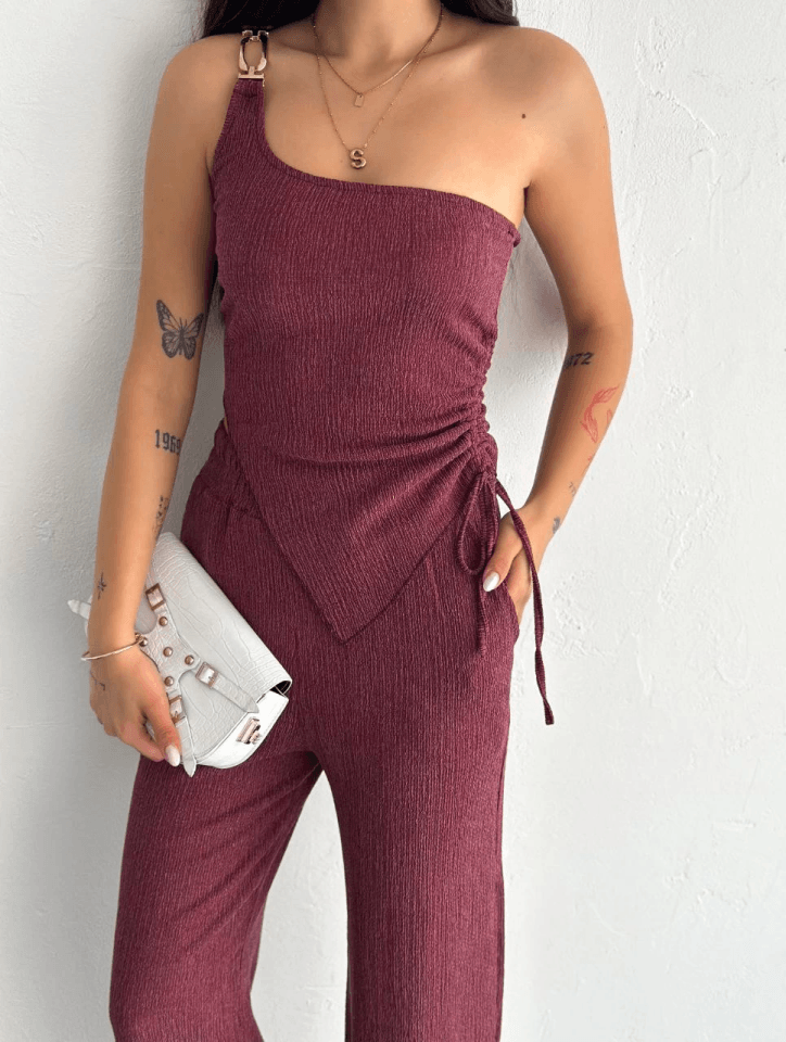 Asimetrik Crop Pantalon Ikili Takım - Gül Kurusu