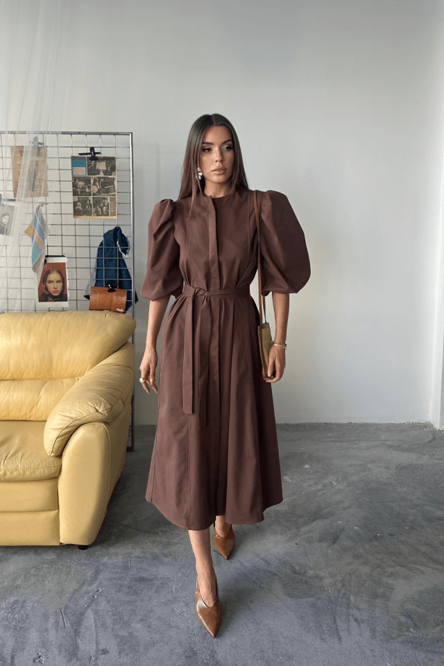 TENCEL KARPUZ KOL ELBİSE - Kahverengi