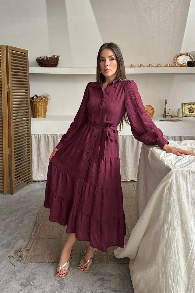 Bordo Çizgi Desenli Uzun Elbise