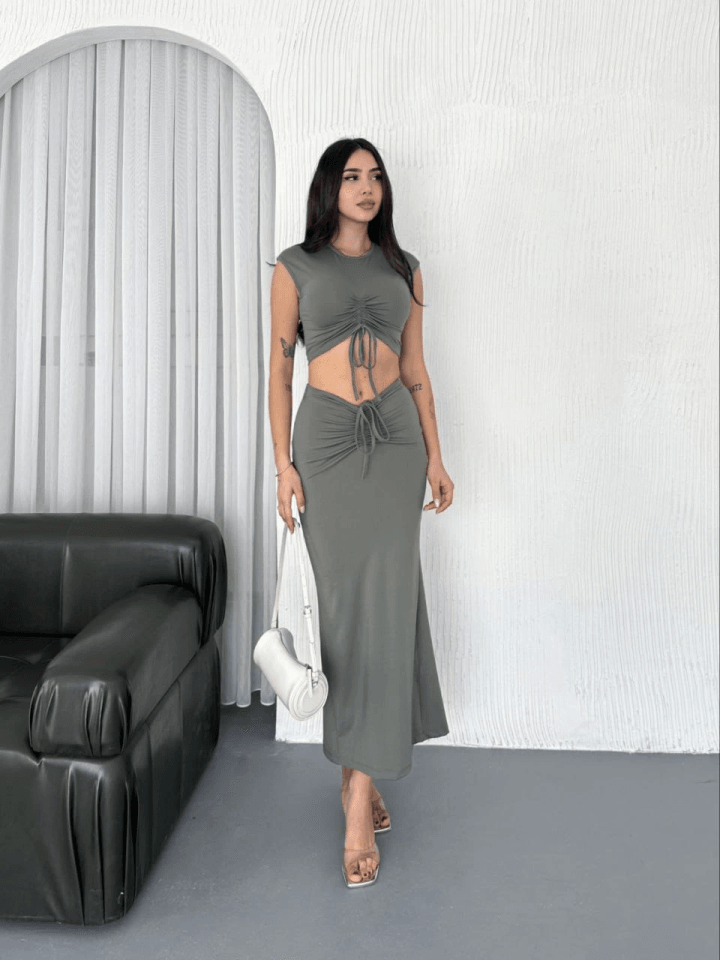 Osy Modal Yumuşak Dokulu Kumaş Büzgülü Crop Etek Takım - Mint Yeşili
