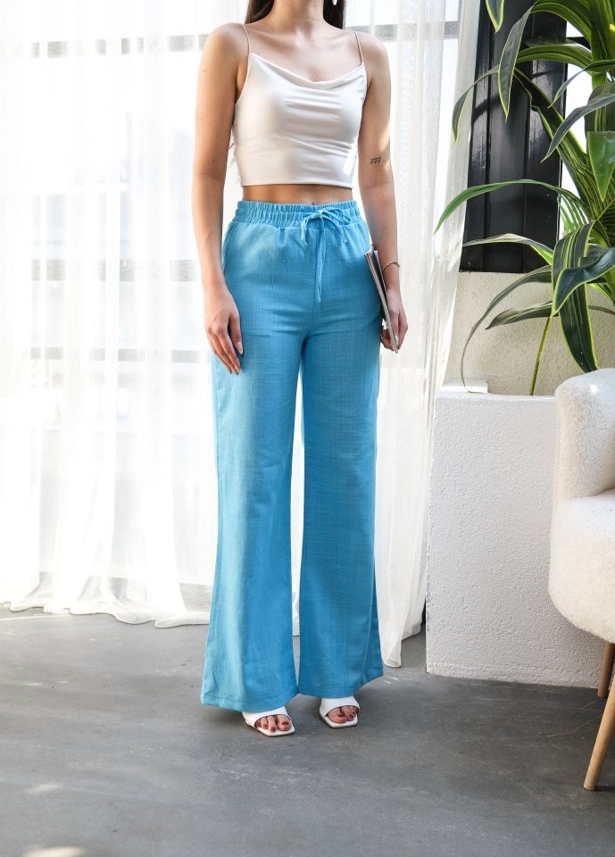 Beli̇ Lasti̇kli̇ Ve Bağcikli Keten Pantolon